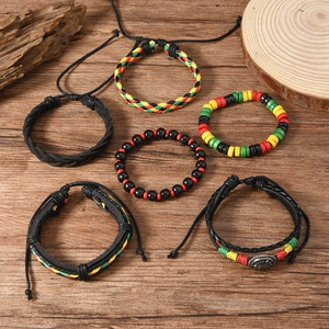 Bohemian style 6-piece leather bracelet set with colorful wooden beads and metal sun charm