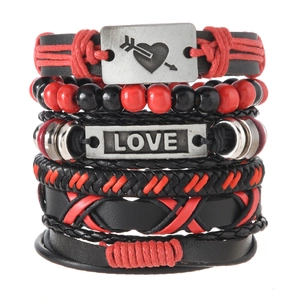 Retro multi-layer leather bracelet set with red and black beads and LOVE charm