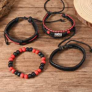 Retro 4-piece woven leather bracelet set in black and red with rustic beads