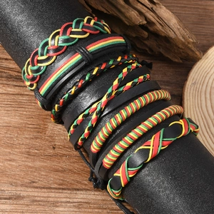 Men's bohemian layered leather bracelet set in red, yellow, and green braided style