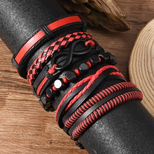 5-piece set of men's leather bracelets with black infinity charm and wooden beads