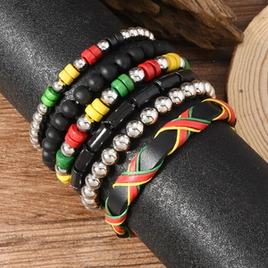 Bohemian multi-layer beaded bracelet set with Rasta red, yellow, and green leather straps