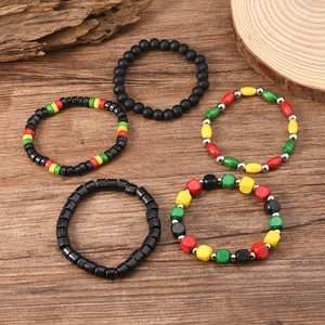 Five-piece handmade wood bead bracelet set with reggae red yellow green and black beads