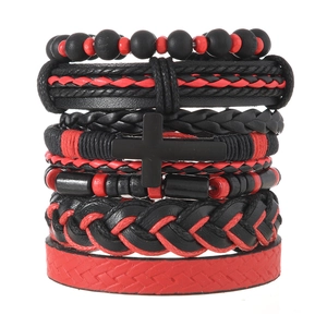 Men's multilayered black and red cross leather bracelet set with woven beads