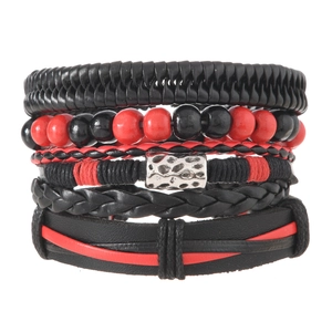Vintage multilayer braided leather bracelet with red and black wooden beads in punk style