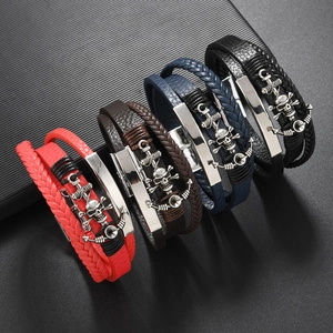 Handmade Men's Vintage Pirate Skull Anchor Multi-layer Braided Alloy Bracelet Retro Gothic Punk Wristband Jewelry Gift