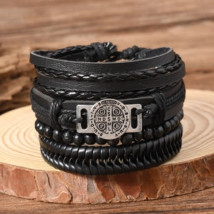 Vintage Men St Benedict Medal Multi-Layer Leather Bracelet Handmade Black Alloy Braided Cord Beaded Punk Jewelry Accessory