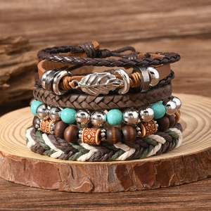 Bohemian Multi-layer Leather Bracelet Set With Turquoise Beads Alloy Leaf Charm Vintage Ethnic Handmade Wrap Bracelet For Men