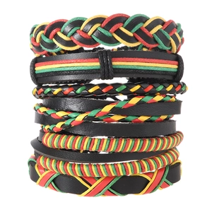 Men's 6-piece Rasta style braided leather bracelet set with red yellow and green cords