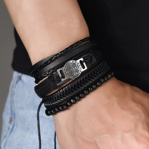Men's multi-layer Viking bracelet set with black leather and silver St. Benedict pendant