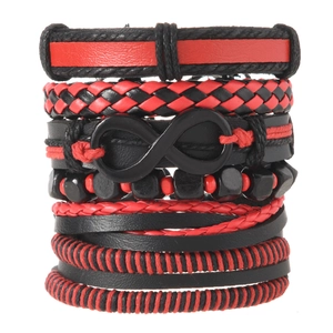 Five-piece stackable leather bracelet set with black infinity symbol in red and black colors