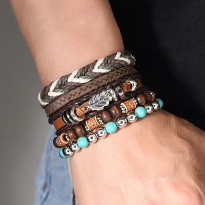Bohemian multilayer leather bracelet set with turquoise beads and alloy leaf charms