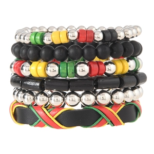 Bohemian multi-layer stackable bracelet set in red, yellow and green Rasta colors