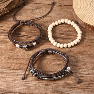 Ensemble de bracelets vintage en cuir tressé avec feuilles et perles en bois naturel