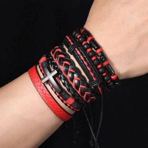 Men's stackable bracelet set featuring black braided leather and red beads with cross charm