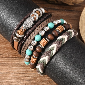 Bohemian multilayer leather bracelet set with turquoise beads and leaf feather charms