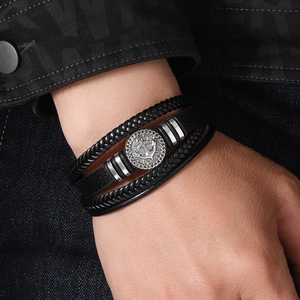 Men's multi-layer black leather anchor bracelet with vintage silver punk charm
