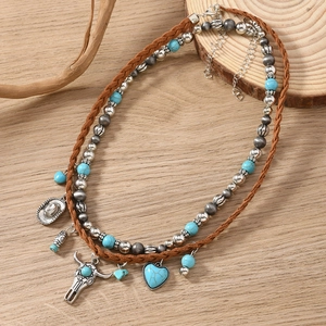 Bohemian multi-layer necklace set with turquoise bull skull and heart pendants