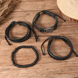 Men's 4-piece vintage black leather and bead bracelet set with St. Benedict medal