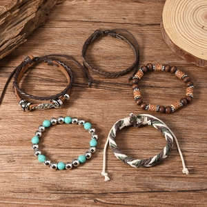Five-piece multilayer bohemian leather bracelet set with turquoise beads and leaf pendant
