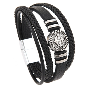 Multi-layer black leather bracelet for men featuring a vintage silver anchor charm and clasp