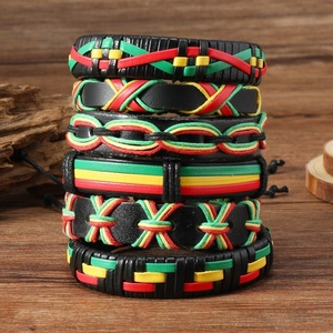 Hand Woven Leather Bracelet Set Red Green Yellow Wax Cord Adjustable Punk Reggae Ethnic Style Jewelry For Men Women