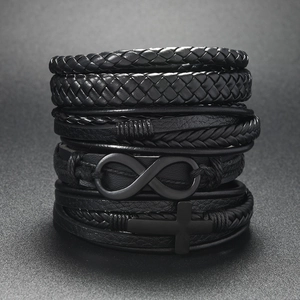 Vintage Multilayer Braided Leather Bracelet Infinity Symbol Cross Pendant Magnetic Clasp Punk Style Black Hand Jewelry