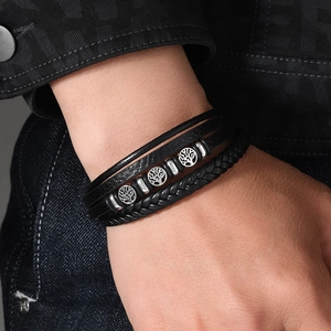 Bracelet multicouche en cuir tressé noir pour homme avec breloques Arbre de Vie