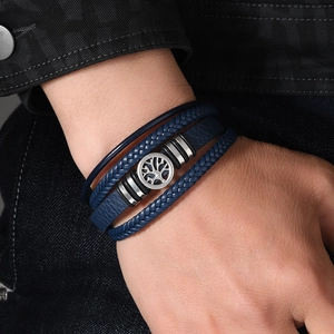 Men's multilayer navy braided leather bracelet with silver tree of life charm
