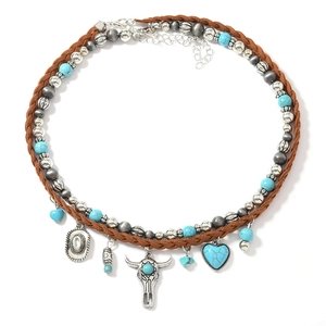 Bohemian multi-layer necklace with turquoise beads, bull skull and cowboy hat charms