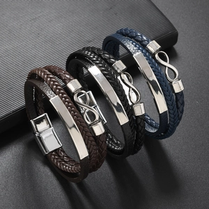 Vintage Men Braided Leather Bracelet With Alloy Infinity Symbol Magnetic Clasp Retro Casual Fashion Jewelry Hand Strap