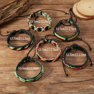 6-piece handmade woven punk style bracelets in red, green, and yellow with adjustable straps