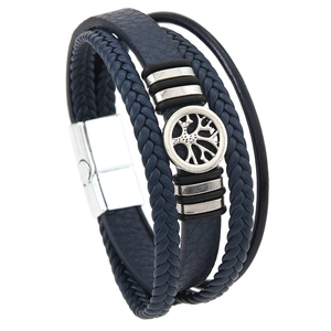 Multilayer dark blue braided leather bracelet featuring a silver tree of life charm