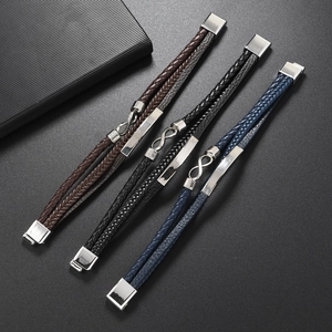 Three-color woven leather infinity bracelets for men with polished magnetic metal clasps