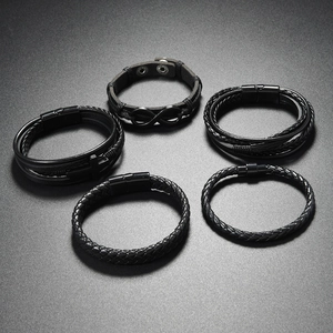 Men's multi-layer black leather bracelet set with infinity symbol and magnetic clasp