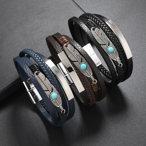 Retro Multilayer Leather Braided Bracelet For Men Women Alloy Feather Charm Magnetic Clasp Ethnic Rock Punk Jewelry Wristband