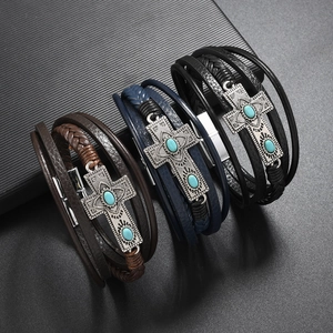 Vintage Cross Alloy Multi-layer Leather Bracelet With Artificial Turquoise Handmade Ethnic Style Adjustable Wristband Jewelry