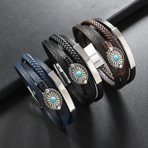 Vintage Multi-Layer Alloy Bracelet For Men Women Braided Leather Sunflower Charm Retro Ethnic Style Handcrafted Jewelry Gift