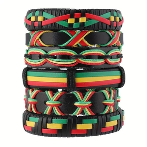 6-piece handmade woven punk bracelets set in vibrant red, yellow, and green rasta colors