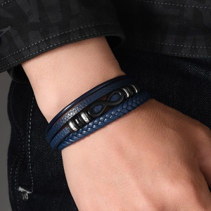 Bracelet multicouche en cuir tressé bleu marine pour homme avec symbole infini et fermoir