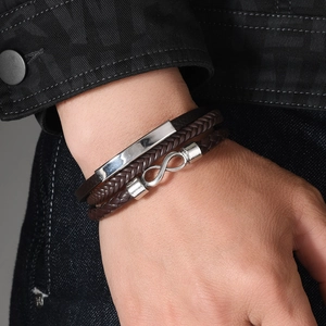 Men's multilayer braided leather bracelet with infinity symbol and metal plaque