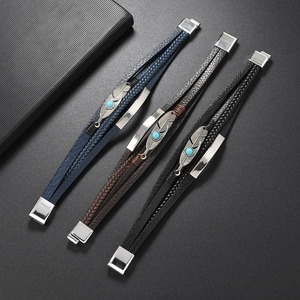 Braided multi-layer leather bracelet with silver metal feather and turquoise detail