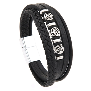 Bracelet multicouche en cuir pour homme avec arbre de vie et fermoir magnétique argenté