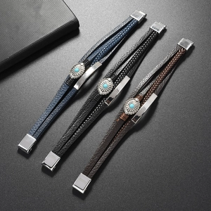 Men's multilayer braided leather bracelet with vintage petal alloy clasp in three colors