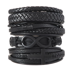 Men's multilayer black braided leather bracelet with infinity and cross charms