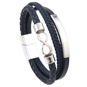 Close-up of men's blue leather bracelet featuring infinity symbol and magnetic clasp