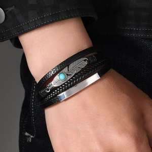 Mens multilayer black leather bracelet with vintage silver feather and blue stone inlay