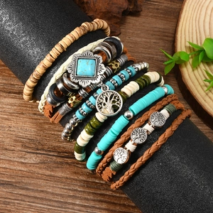 Bohemian multi-layer turquoise beaded bracelet set with vintage tree of life charms