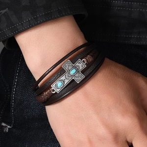 Men's vintage multilayer leather bracelet with silver cross and turquoise stones