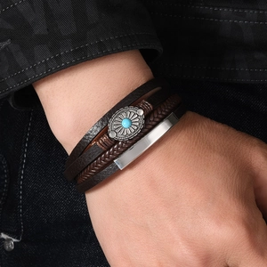 Men's multilayer braided leather bracelet with retro silver alloy and turquoise stone inlay